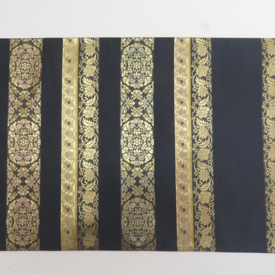 袋帯 縞にオリエンタル模様 草木染本金箔 墨色x金色 金糸 六通柄 正絹