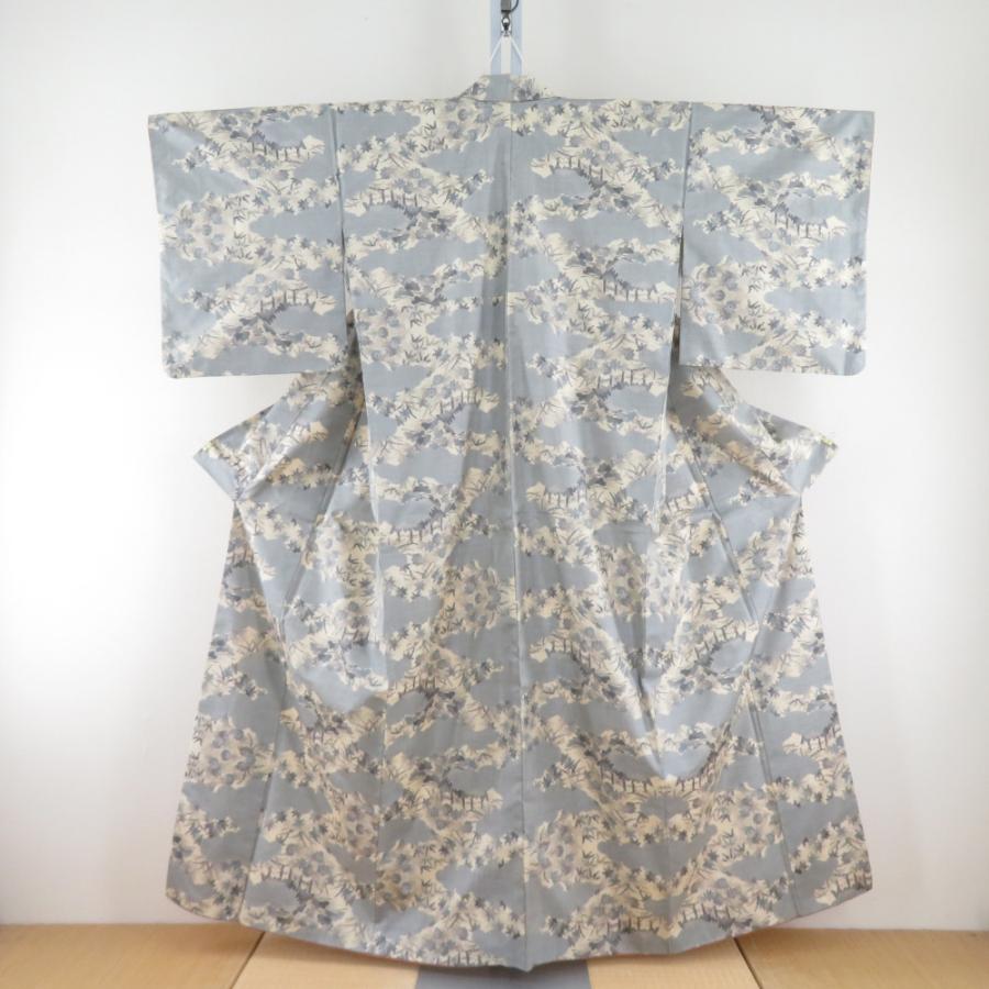 紬 着物 絵絣 横段文様 灰紫色 袷 広衿 正絹 カジュアル着物 仕立て