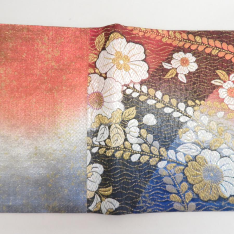 袋帯 振袖用 花紋様 金糸銀糸 ラメ糸 青x朱色x金 リバーシブル 六通