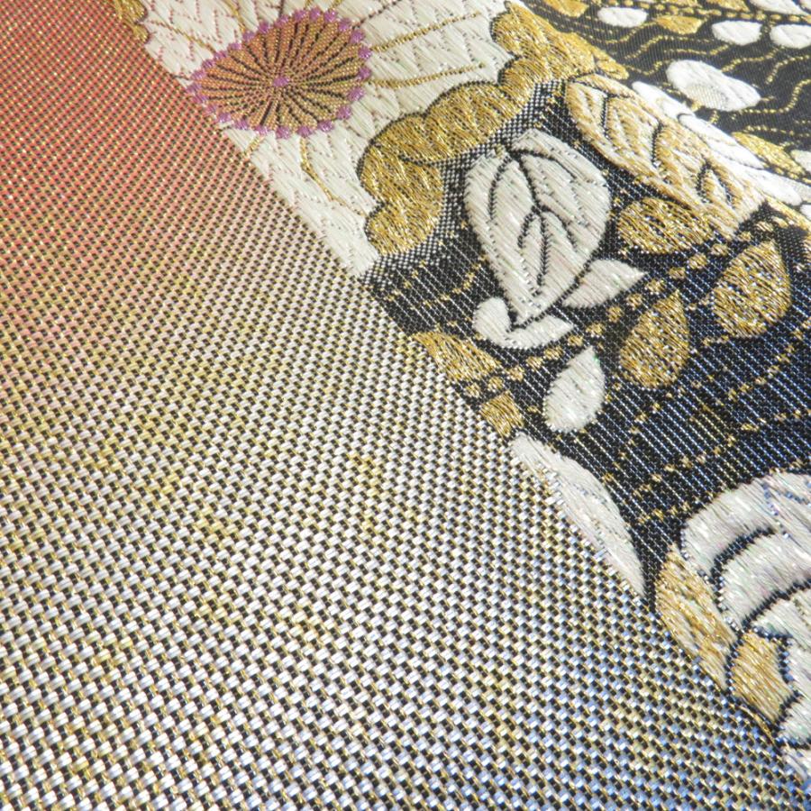 袋帯 振袖用 花紋様 金糸銀糸 ラメ糸 青x朱色x金 リバーシブル 六通