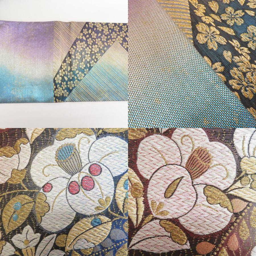 袋帯 振袖用 花紋様 金糸銀糸 ラメ糸 青x朱色x金 リバーシブル 六通