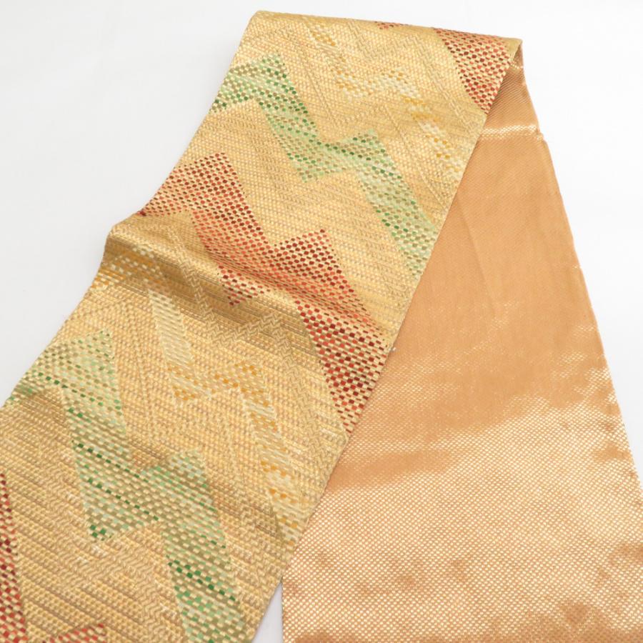 袋帯 振袖用 ジグザグ紋様 金糸 金ｘ緑ｘ朱色 六通柄 正絹 仕立て上がり 着物帯 長さ440cm 【キモノオフ野々市若松店】 袋帯 振袖用 ジグザグ紋様 金糸 金x緑x朱色 六通柄 正絹 仕立て