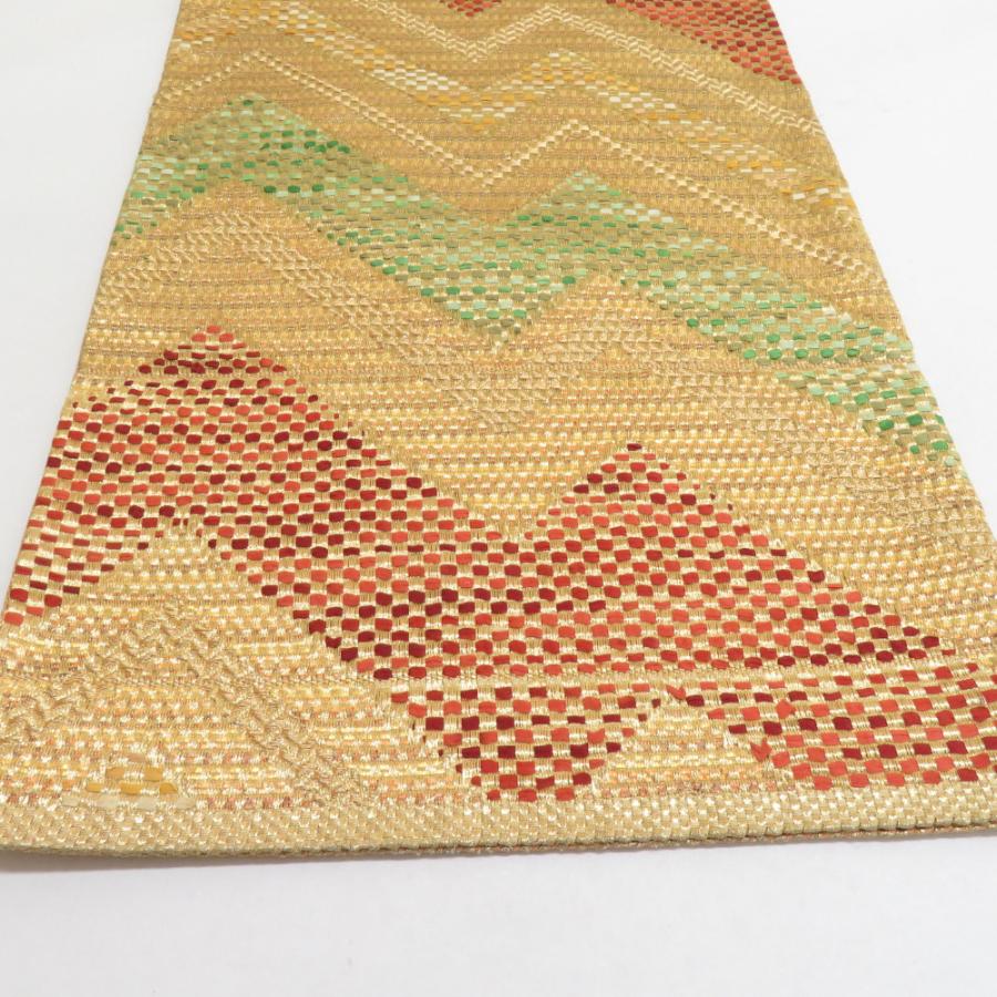 袋帯 振袖用 ジグザグ紋様 金糸 金x緑x朱色 六通柄 正絹 仕立て