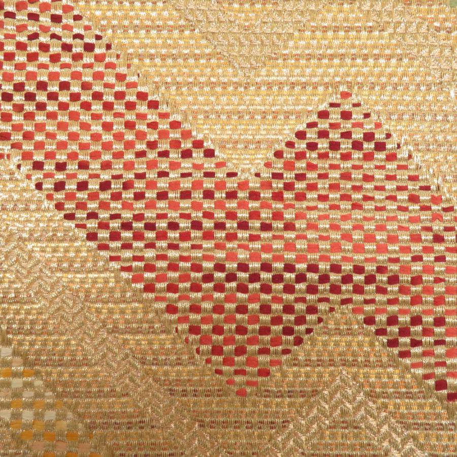 袋帯 振袖用 ジグザグ紋様 金糸 金ｘ緑ｘ朱色 六通柄 正絹 仕立て上がり 着物帯 長さ440cm 【キモノオフ野々市若松店】 袋帯 振袖用 ジグザグ紋様 金糸 金x緑x朱色 六通柄 正絹 仕立て