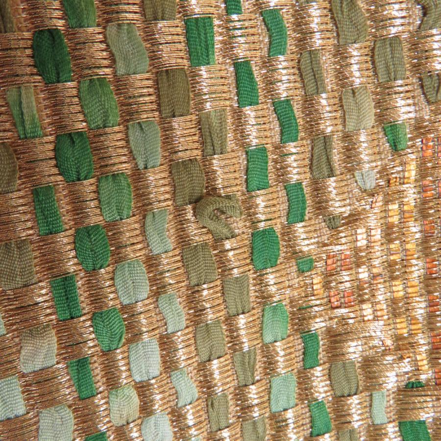 袋帯 振袖用 ジグザグ紋様 金糸 金x緑x朱色 六通柄 正絹 仕立て