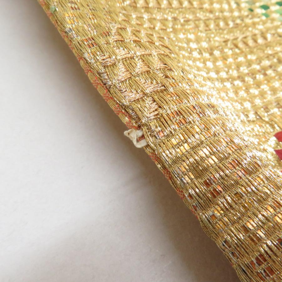 袋帯 振袖用 ジグザグ紋様 金糸 金x緑x朱色 六通柄 正絹 仕立て
