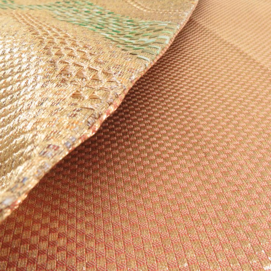 袋帯 振袖用 ジグザグ紋様 金糸 金x緑x朱色 六通柄 正絹 仕立て