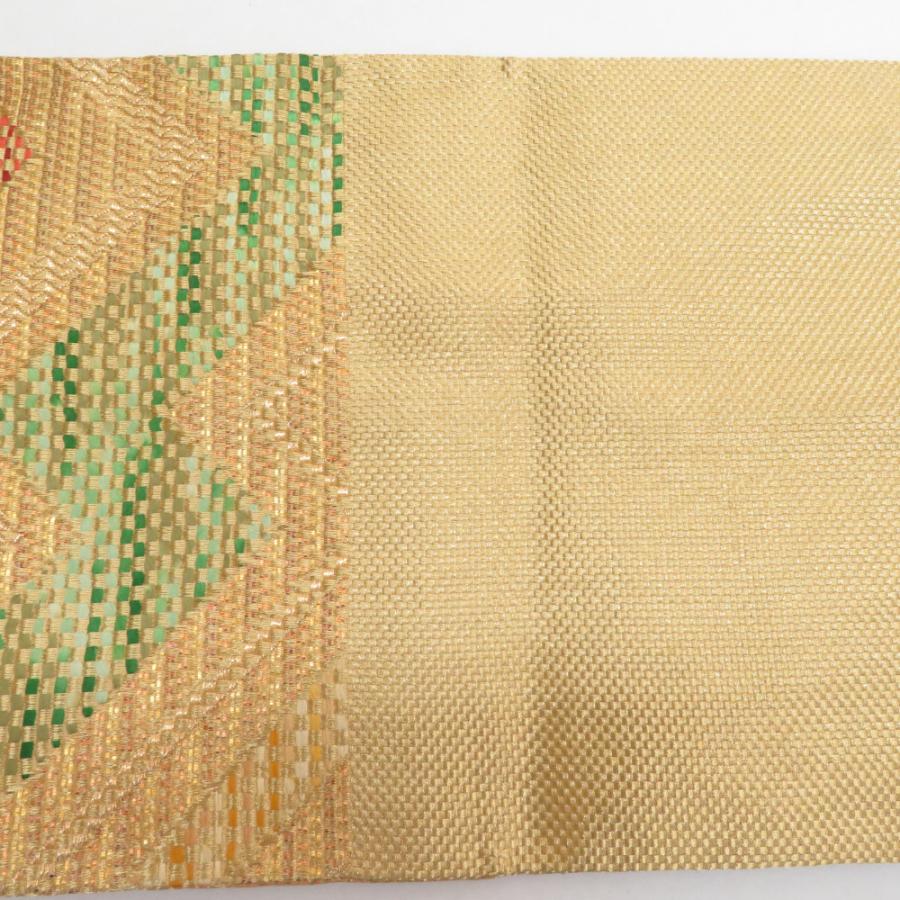 袋帯 振袖用 ジグザグ紋様 金糸 金x緑x朱色 六通柄 正絹 仕立て