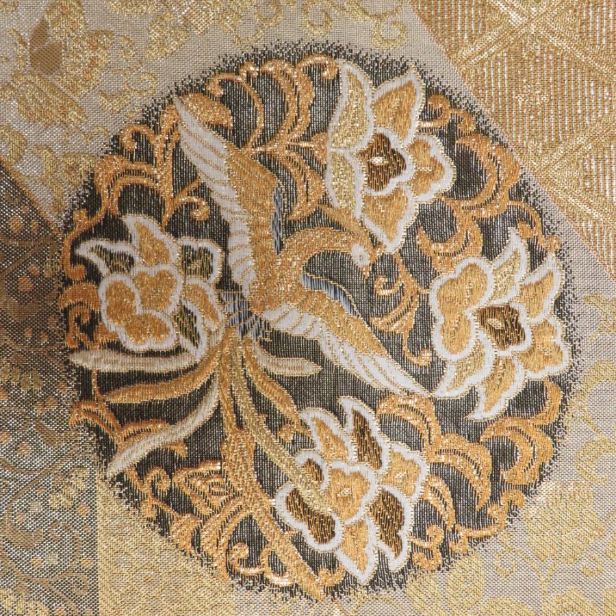 袋帯 華文に鳳凰紋様 金糸 ゴールド 六通柄 正絹 仕立て上がり 着物帯