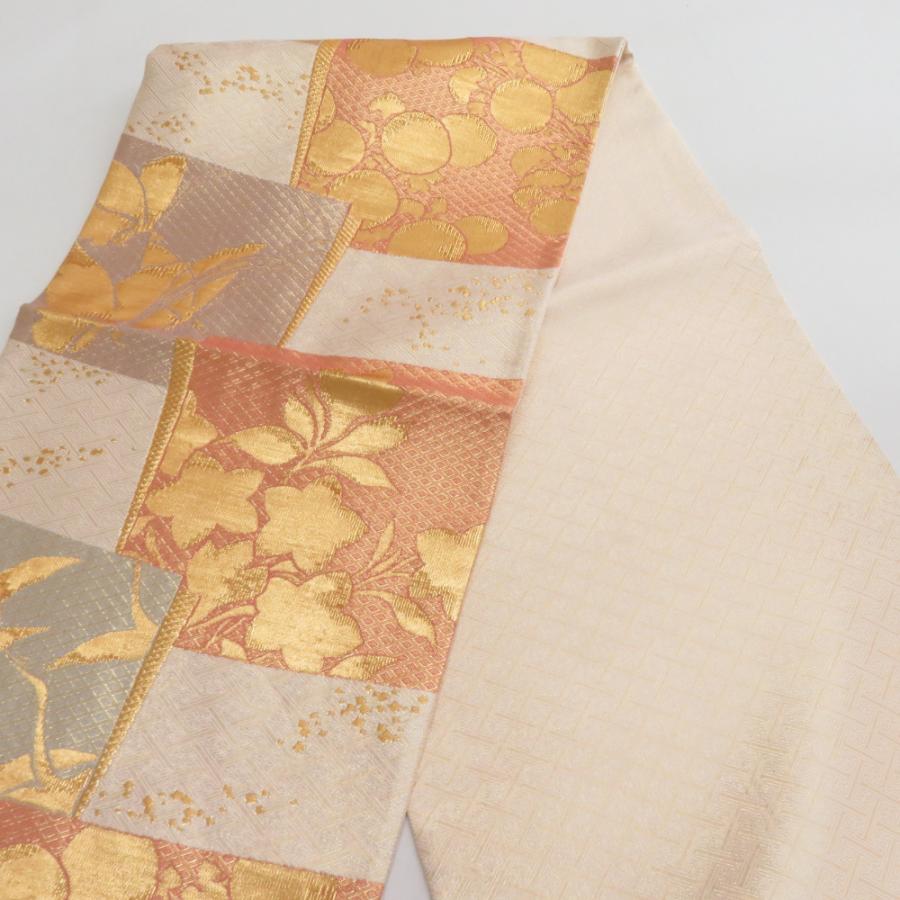 袋帯 市松紋様 金糸 ゴールドxオレンジ色 六通柄 正絹 仕立て上がり