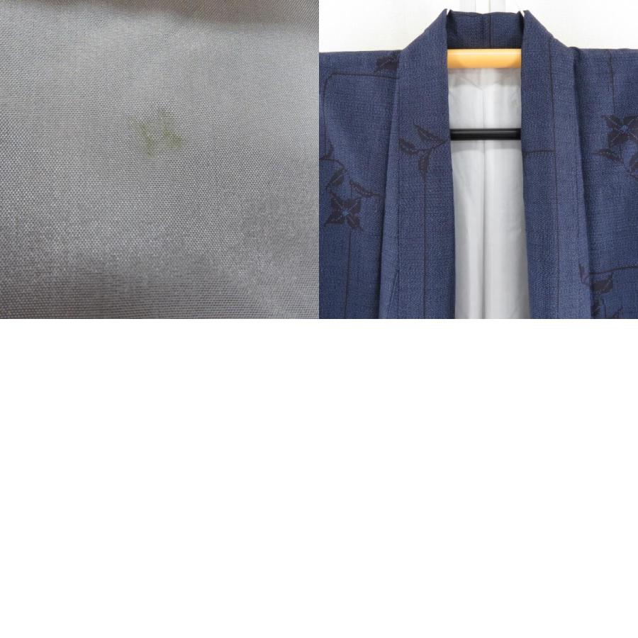 紬 着物 幾何学模様に花 紺色ｘ黒色 正絹 袷 広衿 カジュアル 仕立て上がり着物 身丈159cm 【キモノオフ野々市若松店】 紬 着物 幾何学模様に花 紺色x黒色 正絹 袷 広衿 カジュアル 仕立て
