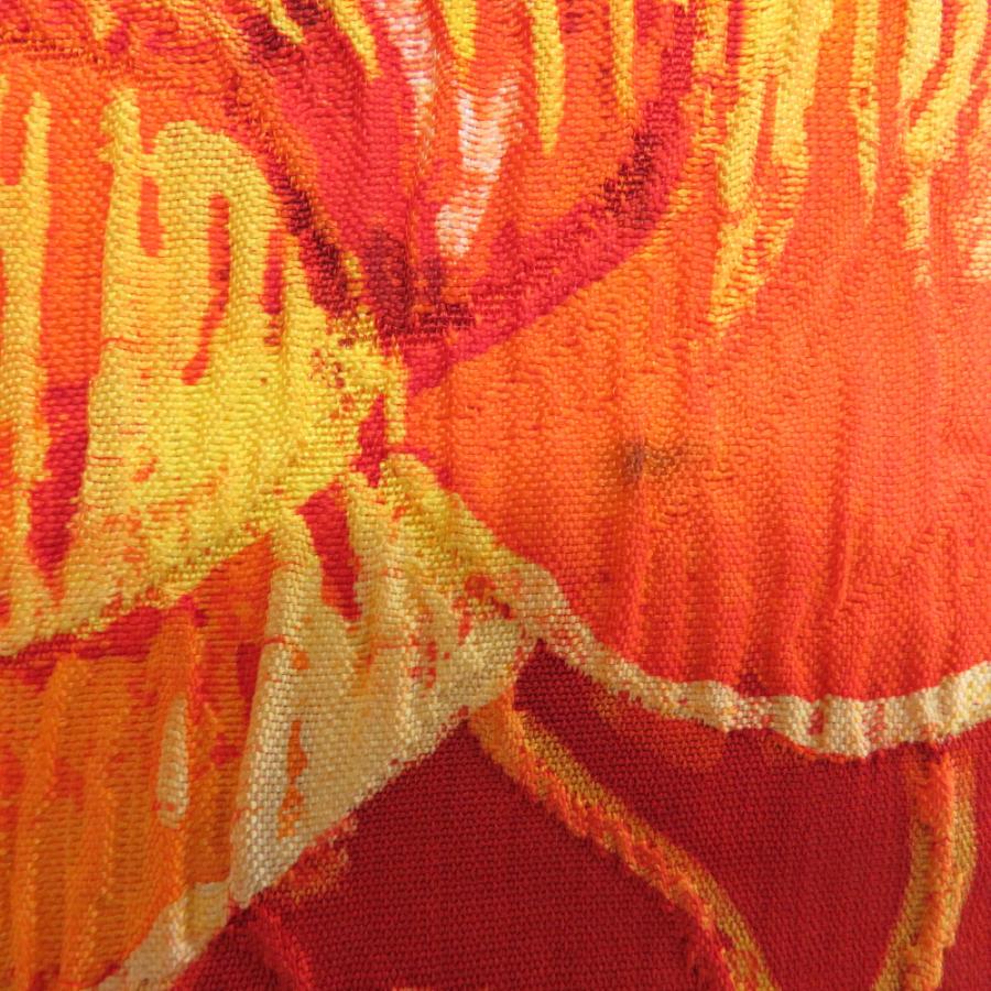 袋帯 洒落袋帯 正絹 纐纈 ふくれ織 朱色xオレンジ色x黄色 花模様 全
