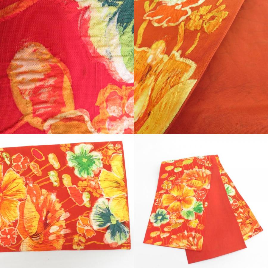洒落袋帯 綴れ帯 袋帯 洒落袋帯 正絹 纐纈 ふくれ織 朱色xオレンジ色x黄色 花模様 全