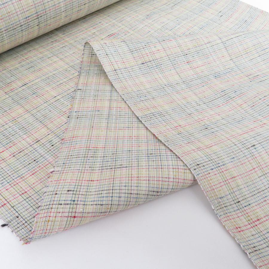 反物 紅の乱縞 渡源工房 薄緑色 格子 絹100％ 着尺 山形県産 紅花紬 長
