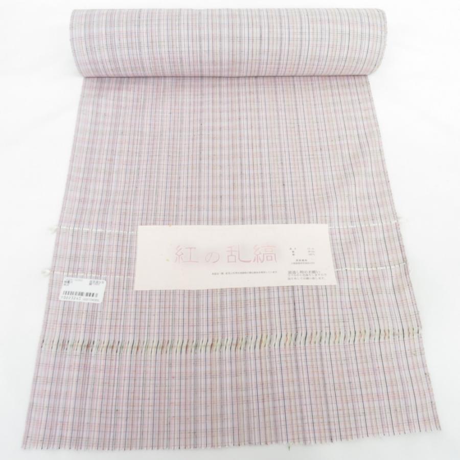 反物 紅の乱縞 渡源工房 薄紫色 格子 絹100％ 着尺 山形県産 紅花紬 長