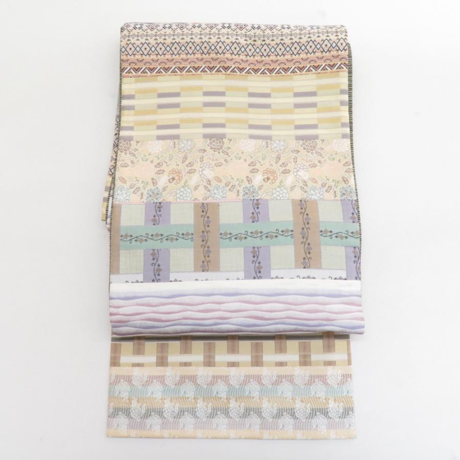 袋帯 洒落袋帯 切嵌模様 正絹 ベージュピンクx薄緑色x多色 パステル