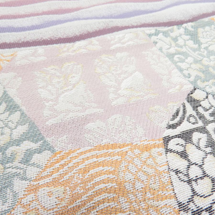 袋帯 洒落袋帯 切嵌模様 正絹 ベージュピンクx薄緑色x多色 パステル