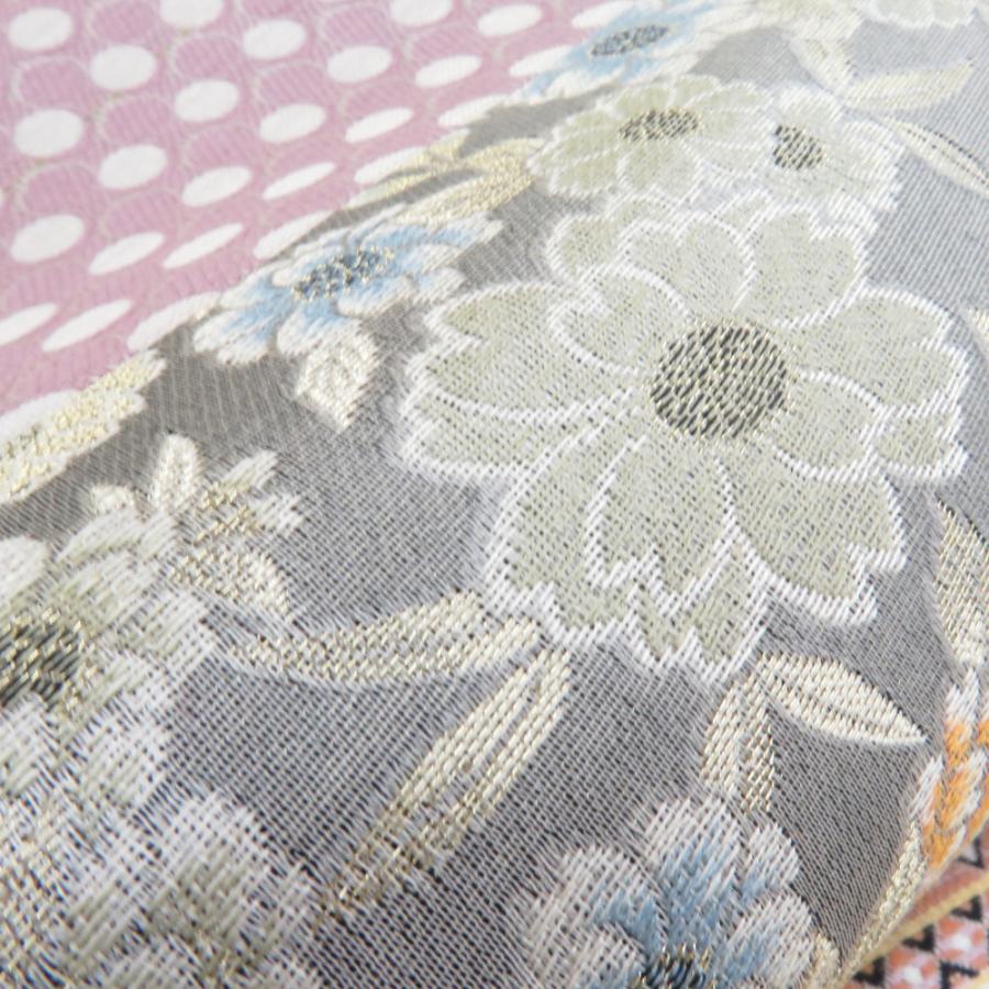 袋帯 洒落袋帯 切嵌模様 正絹 ベージュピンクx薄緑色x多色 パステル