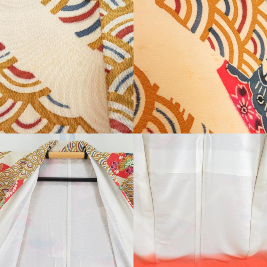 小紋 青海波と扇子に松など 型染め ベージュxオレンジx多色 袷 広衿