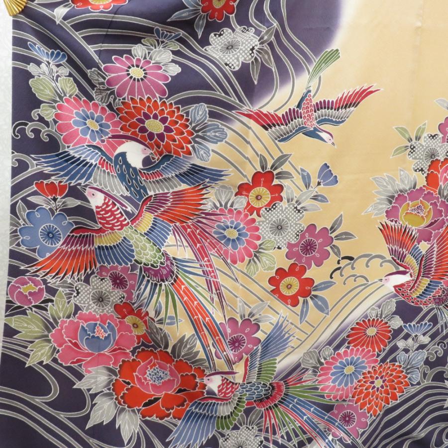 振袖 正絹 サーモンピンク×ベージュ×紫 型染め 風景 花々 袷 広衿 成人式 卒業式 舞台衣装 フォーマル 仕立上り 着物 紅型調 花鳥_1