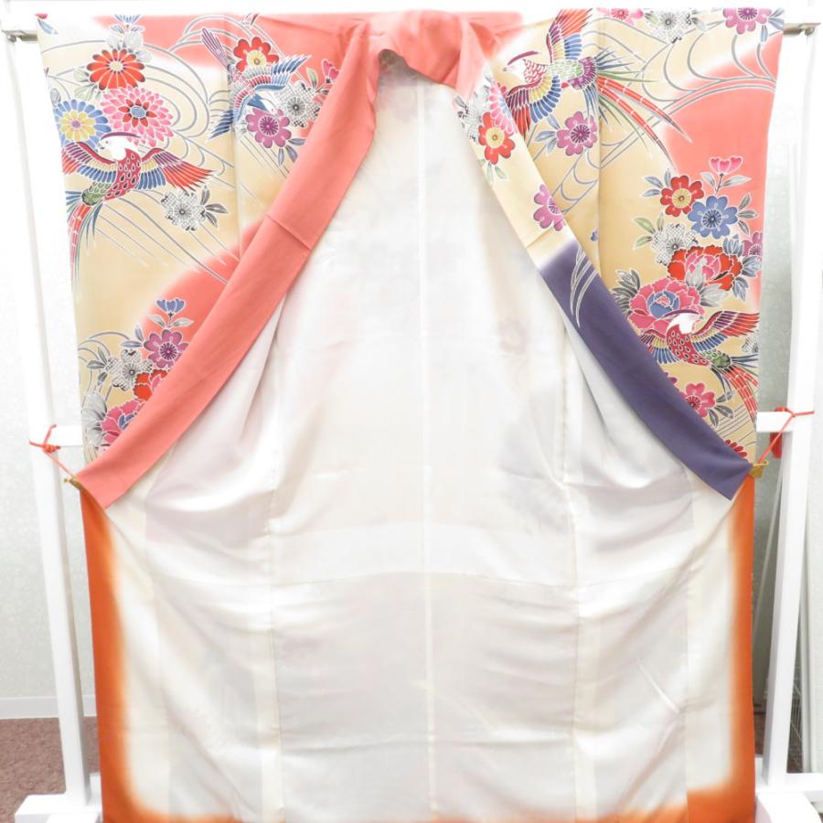 振袖 正絹 サーモンピンク×ベージュ×紫 型染め 風景 花々 袷 広衿 成人式 卒業式 舞台衣装 フォーマル 仕立上り 着物 紅型調 花鳥_5