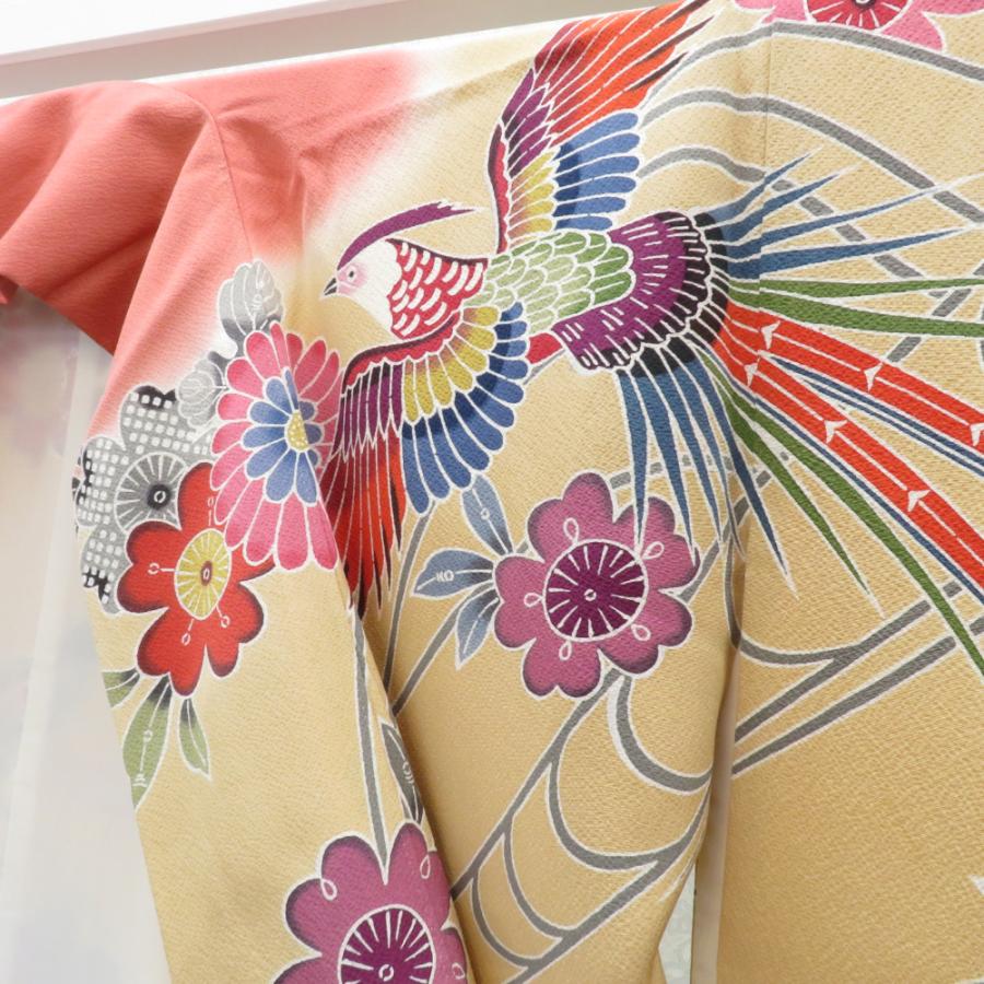 振袖 正絹 サーモンピンク×ベージュ×紫 型染め 風景 花々 袷 広衿 成人式 卒業式 舞台衣装 フォーマル 仕立上り 着物 紅型調 花鳥_6