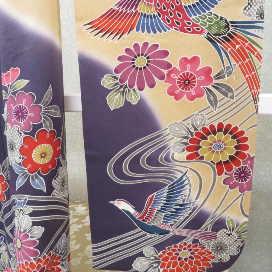 振袖 正絹 サーモンピンク×ベージュ×紫 型染め 風景 花々 袷 広衿 成人式 卒業式 舞台衣装 フォーマル 仕立上り 着物 紅型調 花鳥_8