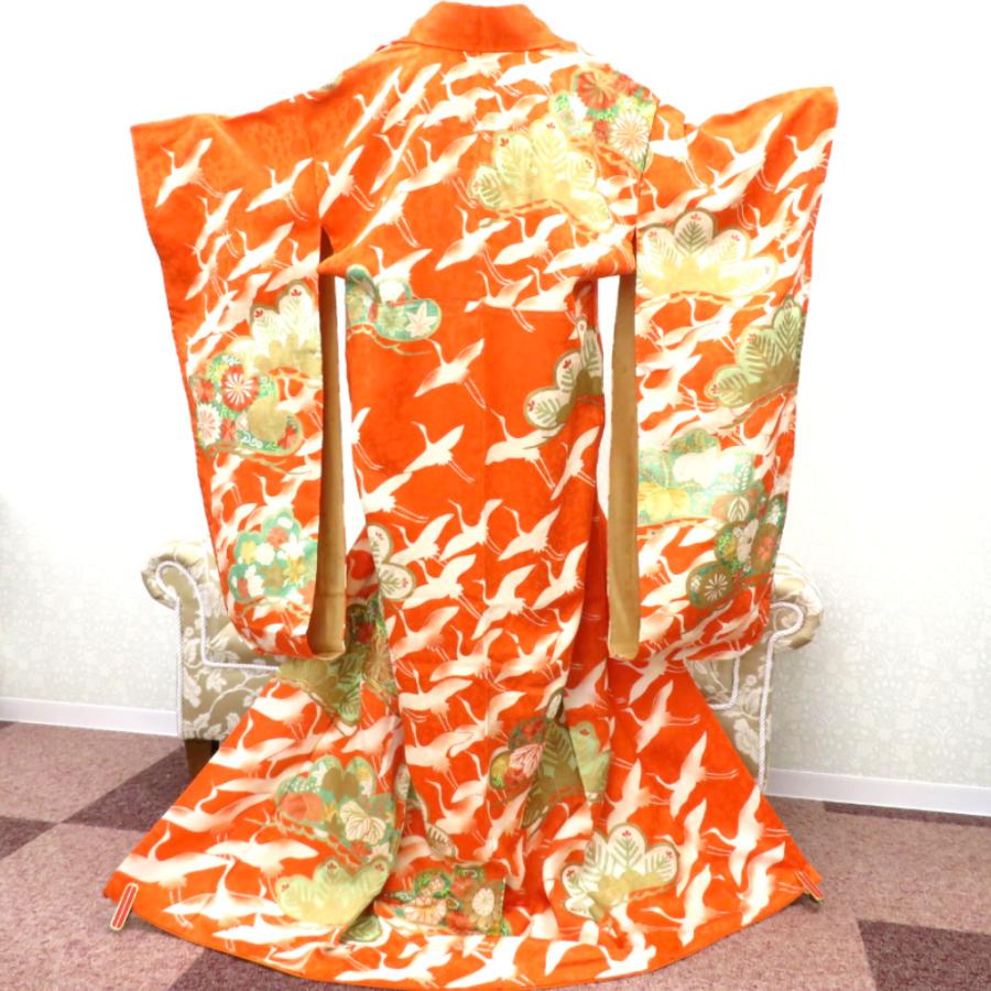 振袖 襦袢付き アンティーク着物 昔 袷 正絹 広衿 オレンジ 白 金 緑 金 飛鶴文様 松 レトロ 明治・大正ロマン 経年品 身丈164.5cm 難あり | 