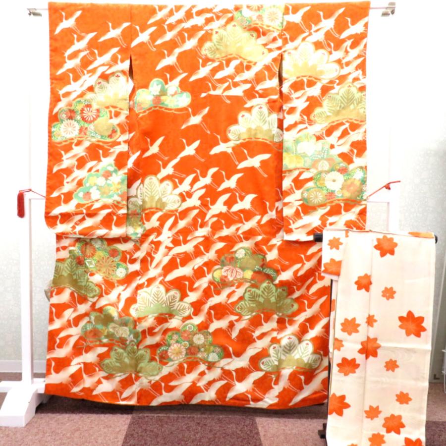 振袖 襦袢付き アンティーク着物 昔 袷 正絹 広衿 オレンジ 白 金 緑 金 飛鶴文様 松 レトロ 明治・大正ロマン 経年品 身丈164.5cm 難あり |  | 01