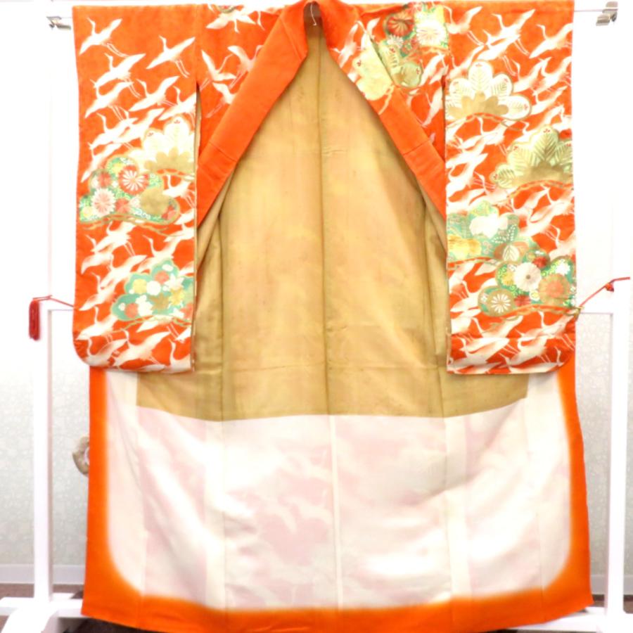 振袖 襦袢付き アンティーク着物 昔 袷 正絹 広衿 オレンジ 白 金 緑 金 飛鶴文様 松 レトロ 明治・大正ロマン 経年品 身丈164.5cm 難あり |  | 02