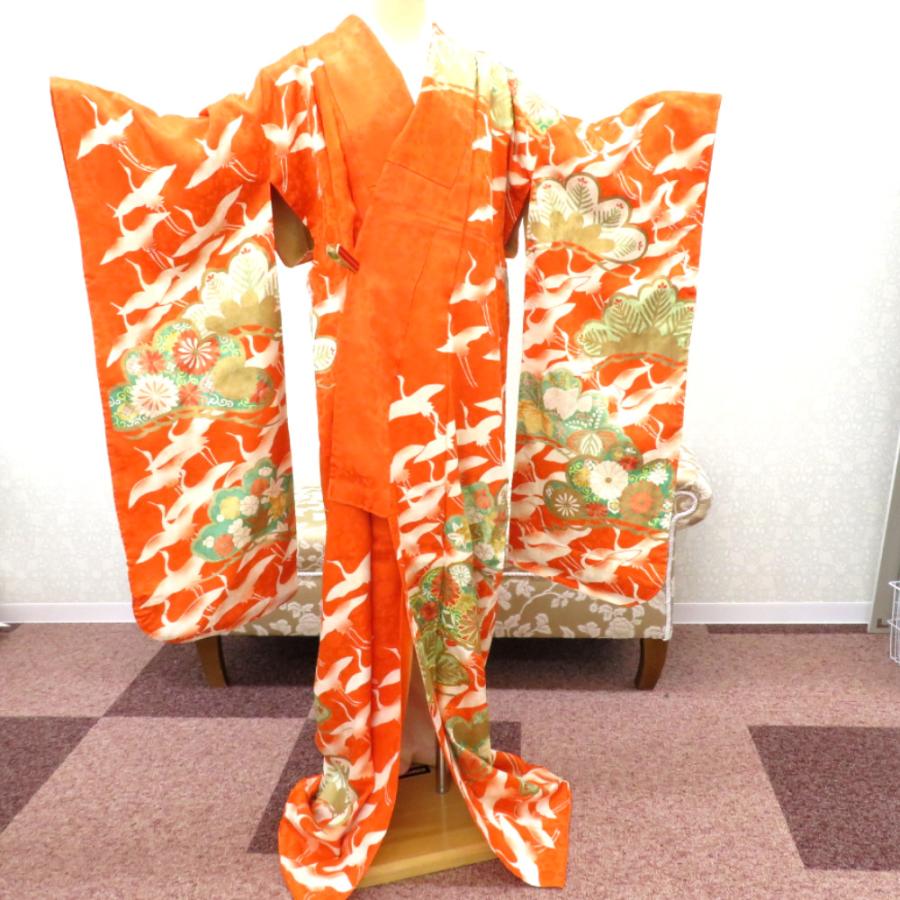 振袖 襦袢付き アンティーク着物 昔 袷 正絹 広衿 オレンジ 白 金 緑 金 飛鶴文様 松 レトロ 明治・大正ロマン 経年品 身丈164.5cm 難あり |  | 03