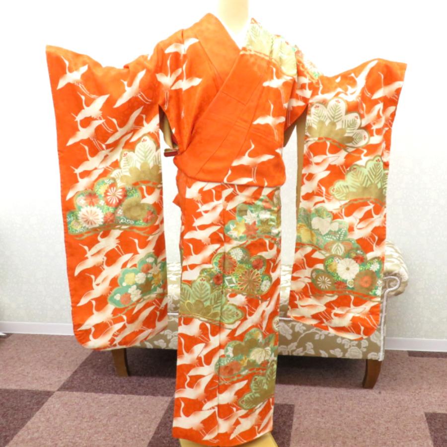 振袖 襦袢付き アンティーク着物 昔 袷 正絹 広衿 オレンジ 白 金 緑 金 飛鶴文様 松 レトロ 明治・大正ロマン 経年品 身丈164.5cm 難あり |  | 04