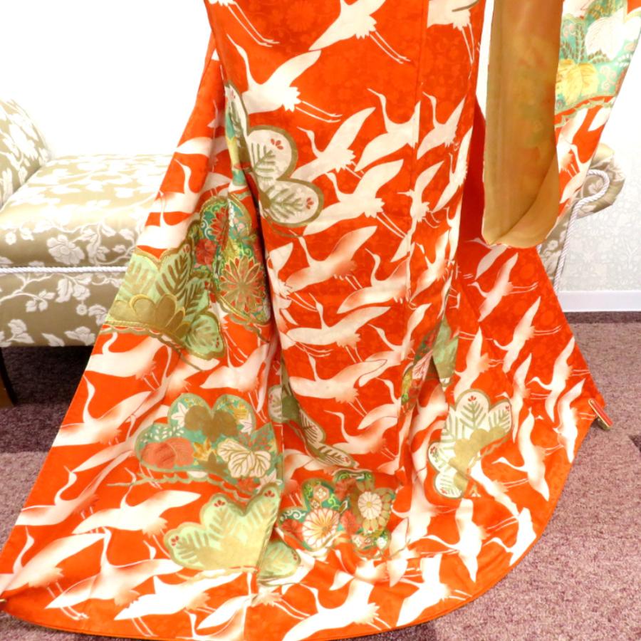 振袖 襦袢付き アンティーク着物 昔 袷 正絹 広衿 オレンジ 白 金 緑 金 飛鶴文様 松 レトロ 明治・大正ロマン 経年品 身丈164.5cm 難あり |  | 05