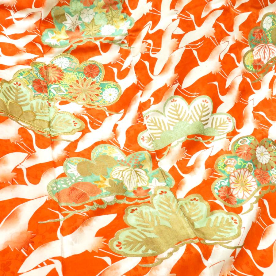 振袖 襦袢付き アンティーク着物 昔 袷 正絹 広衿 オレンジ 白 金 緑 金 飛鶴文様 松 レトロ 明治・大正ロマン 経年品 身丈164.5cm 難あり |  | 06