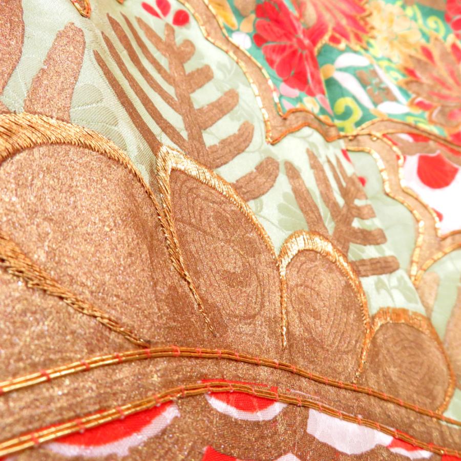 振袖 襦袢付き アンティーク着物 昔 袷 正絹 広衿 オレンジ 白 金 緑 金 飛鶴文様 松 レトロ 明治・大正ロマン 経年品 身丈164.5cm 難あり |  | 07