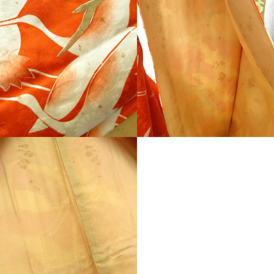 振袖 襦袢付き アンティーク着物 昔 袷 正絹 広衿 オレンジ 白 金 緑 金 飛鶴文様 松 レトロ 明治・大正ロマン 経年品 身丈164.5cm 難あり |  | 09