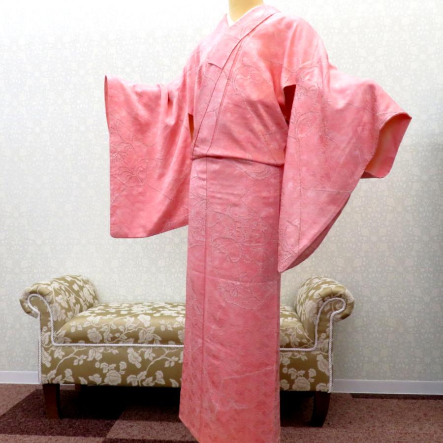 小紋 普段きもの 袷 ピンク 赤 白 ムラ染め 有栖川文様 鹿 絞り 裂取り調 花 広衿 正絹 仕立て上がり カジュアル着物   身丈159.5cm | 