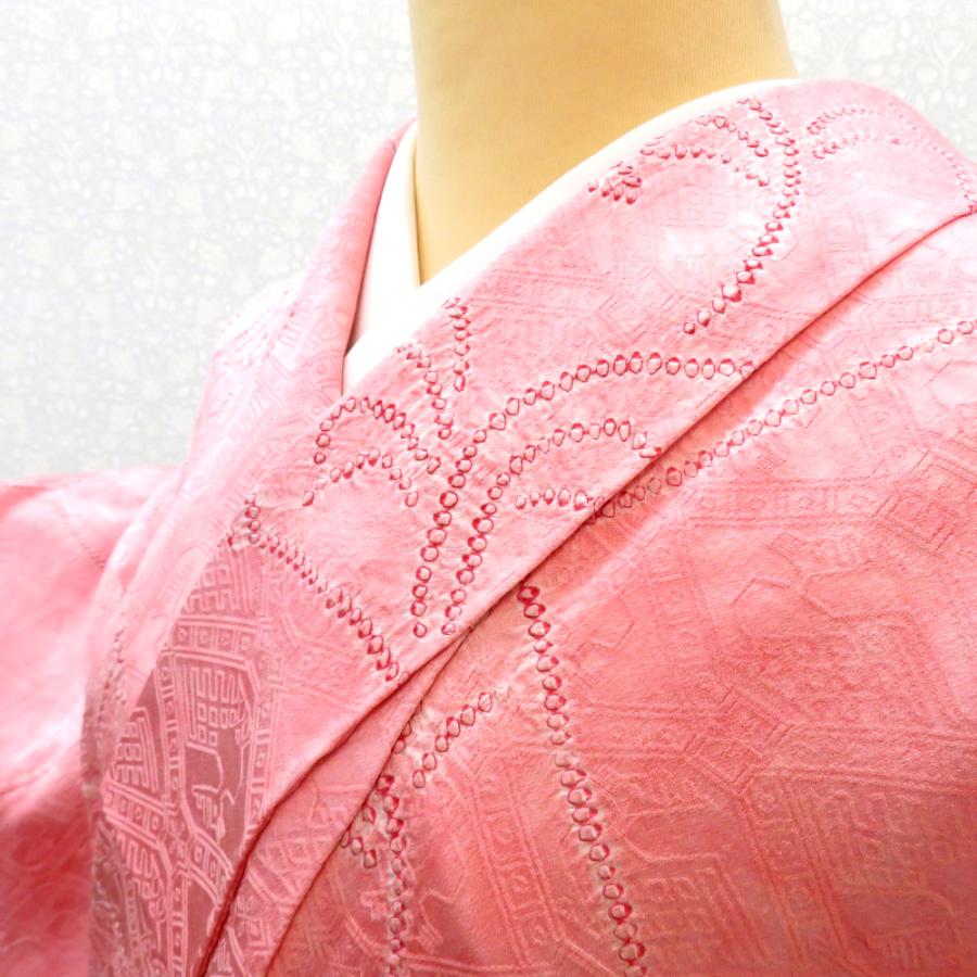 小紋 普段きもの 袷 ピンク 赤 白 ムラ染め 有栖川文様 鹿 絞り 裂取り調 花 広衿 正絹 仕立て上がり カジュアル着物   身丈159.5cm |  | 01