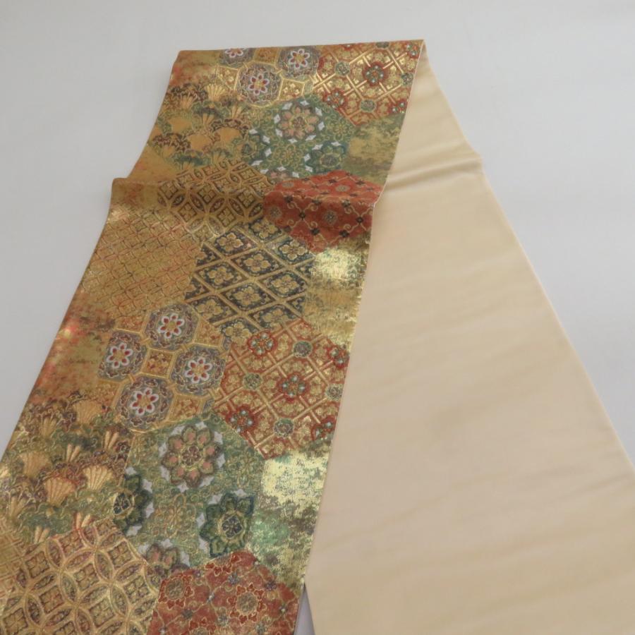 袋帯 亀甲に切嵌模様 金糸 ラメ糸色 ゴールドx多色 六通柄 正絹