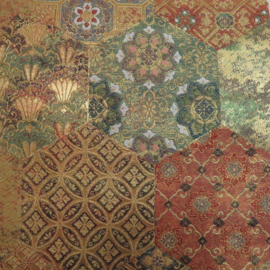 袋帯 亀甲に切嵌模様 金糸 ラメ糸色 ゴールドｘ多色 六通柄 正絹 仕立て上がり 着物帯 長さ432cm 【キモノオフ野々市若松店】 袋帯 亀甲に切嵌模様 金糸 ラメ糸色 ゴールドx多色 六通柄 正絹