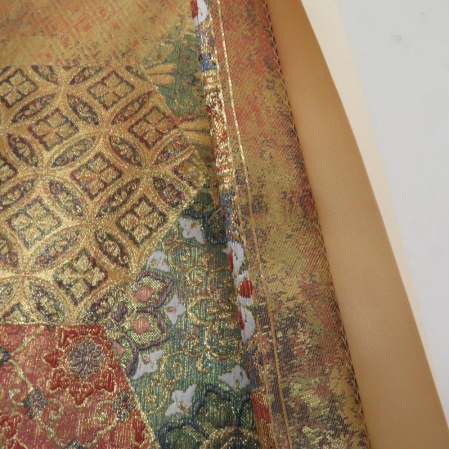 袋帯 亀甲に切嵌模様 金糸 ラメ糸色 ゴールドｘ多色 六通柄 正絹 仕立て上がり 着物帯 長さ432cm 【キモノオフ野々市若松店】 袋帯 亀甲に切嵌模様 金糸 ラメ糸色 ゴールドx多色 六通柄 正絹