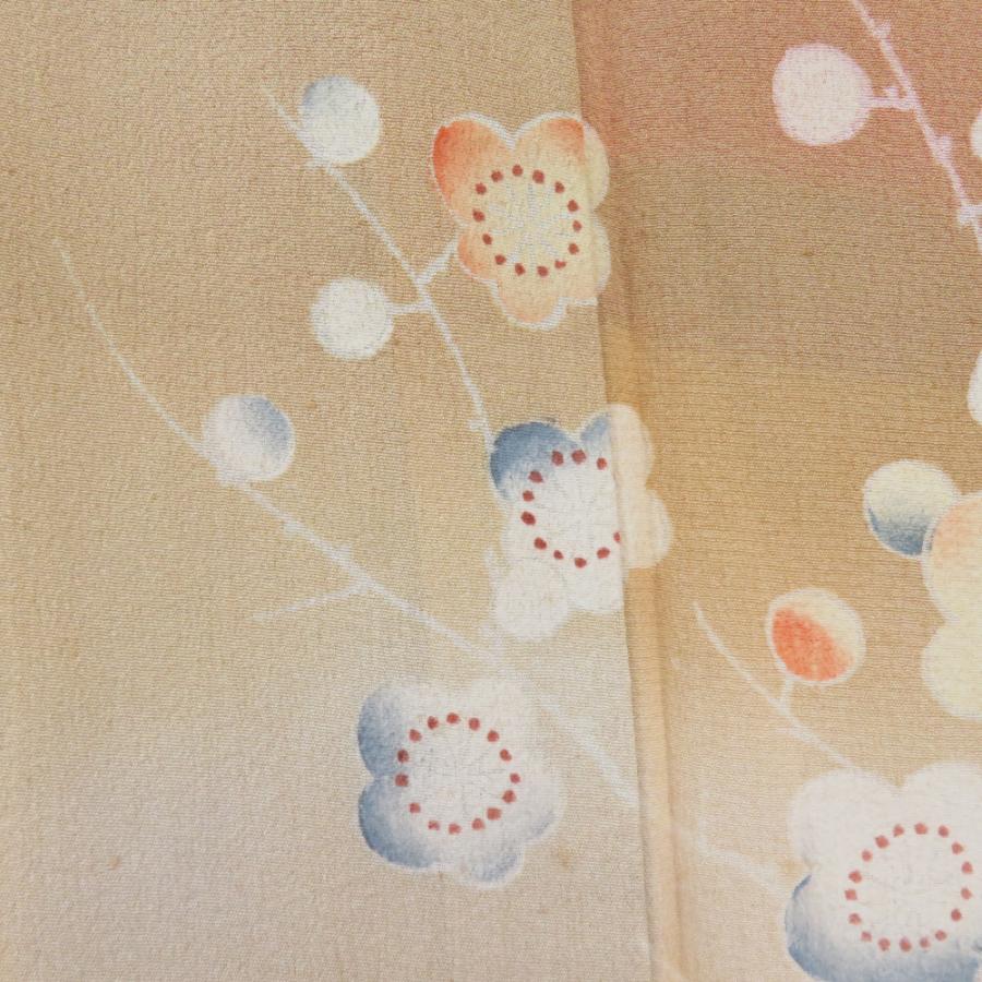 色留袖 アンティーク 袷 バチ衿 薄茶色xクリーム色x緑色x花々模様