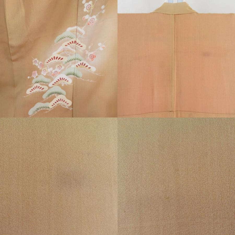 色留袖 アンティーク 袷 バチ衿 薄茶色xクリーム色x緑色x花々模様 