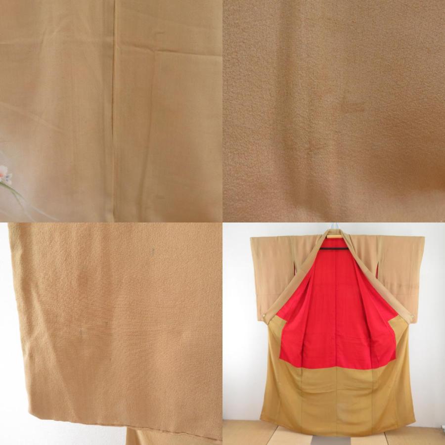 色留袖 アンティーク 色留袖 袷 バチ衿 薄茶色ｘクリーム色ｘ緑色ｘ花々模様 刺繍入り 正絹 レトロ 昔着物 身丈156cm 【キモノオフ野々市若松店】 色留袖 アンティーク 袷 バチ衿 薄茶色xクリーム色x緑色x花々模様