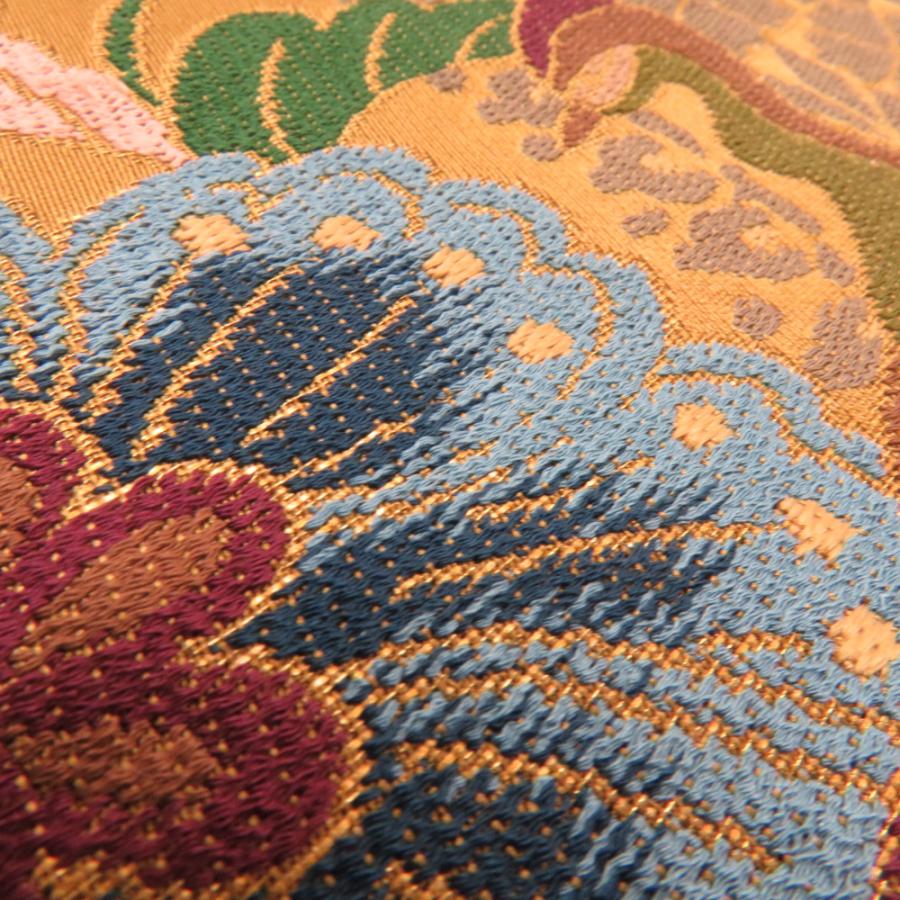 西陣織 (にしじんおり) 袋帯 西陣織 白綾苑大庭 辛子色 金糸 花鳥模様