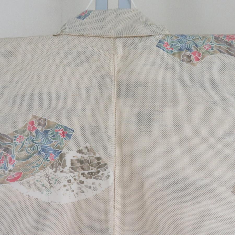 紬 着物 本場大島紬 証紙付き 白大島 扇子模様 ベージュx薄茶色x赤色