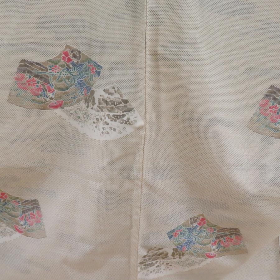 紬 着物 本場大島紬 証紙付き 白大島 扇子模様 ベージュx薄茶色x赤色