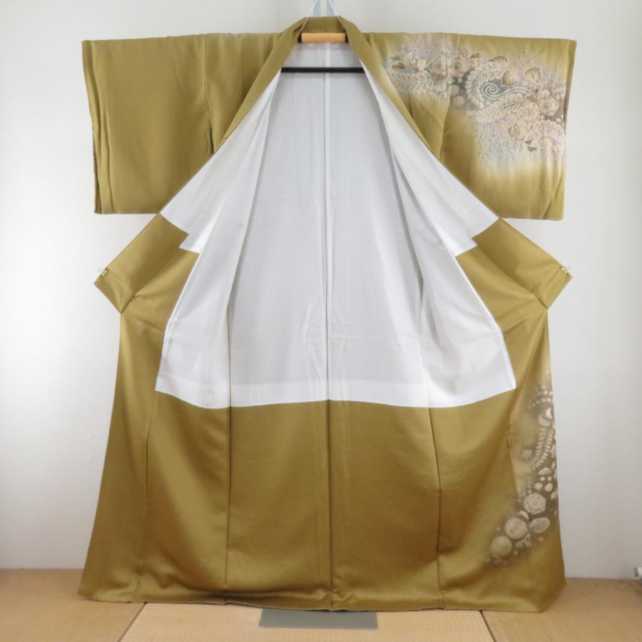 訪問着 辻が花 絞り 薄茶色ｘ金茶色 ぼかし 身幅ゆったりサイズ 袷 広衿 正絹 仕立て上がり着物 身丈165cm 【キモノオフ野々市若松店】 訪問着 辻が花 絞り 薄茶色x金茶色 ぼかし 身幅ゆったりサイズ 袷 広
