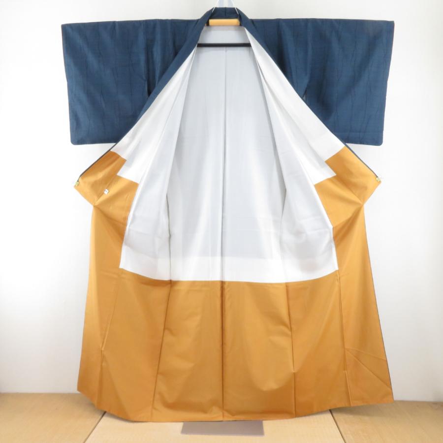 紬 着物 大島紬 9マルキ 縦線模様 紺色ｘ黒色 袷 正絹 広衿 カジュアル 仕立て上がり着物 身丈158cm 紬 着物 大島紬 9マルキ 縦線模様 紺色x黒色 袷 広衿 カジュアル