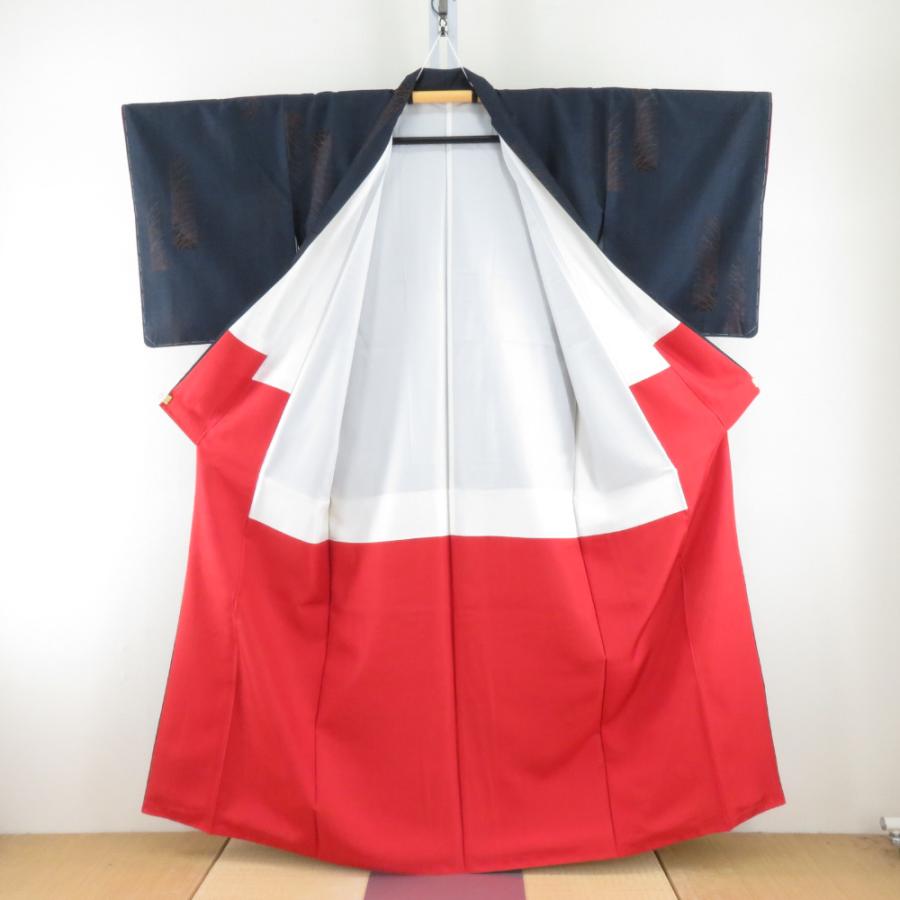紬 着物 大島紬 ススキ模様 紺色ｘオレンジ色ｘ多色 袷 広衿 正絹 カジュアル 仕立て上がり着物 身丈157cm 【キモノオフ野々市若松店】 紬 着物 大島紬 ススキ模様 紺色xオレンジ色x多色 袷 広衿 正絹